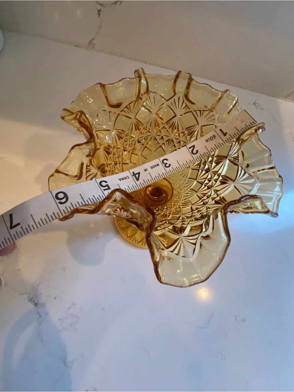 Vintage Fenton Style Amber Glass Pedestal Trinket Dish W/ Ruffled Rim 5” (read)